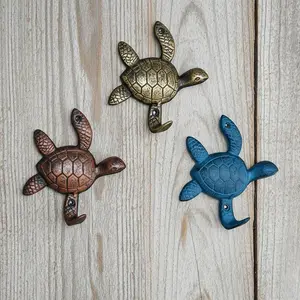 Sea Turtle Wall Hooks, Cast Iron Set of 3, Mixed Finishes