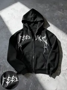 TikTok Trend "FEELING" Embroidered Geometric Zip-Up Hoodie Sweatshirts Men's Oversized Long Sleeves Black Streetwear Jacket Gothic Aesthetic Winter Fashion Gift Idea for Black Friday Deals #tiktokshopblackfriday #winterfashion #blackfriday #gifts