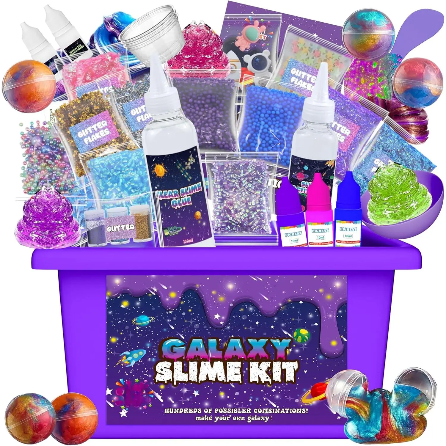 Slime Kit for Kids, Mini Galaxy Ball Slime Making Kit with Glow in The Dark Stickers, Glitter, Beads & Charms – Creative DIY Craft Kit & Stress Relief Sensory Toy Gifts for Girls Ages 6-12
