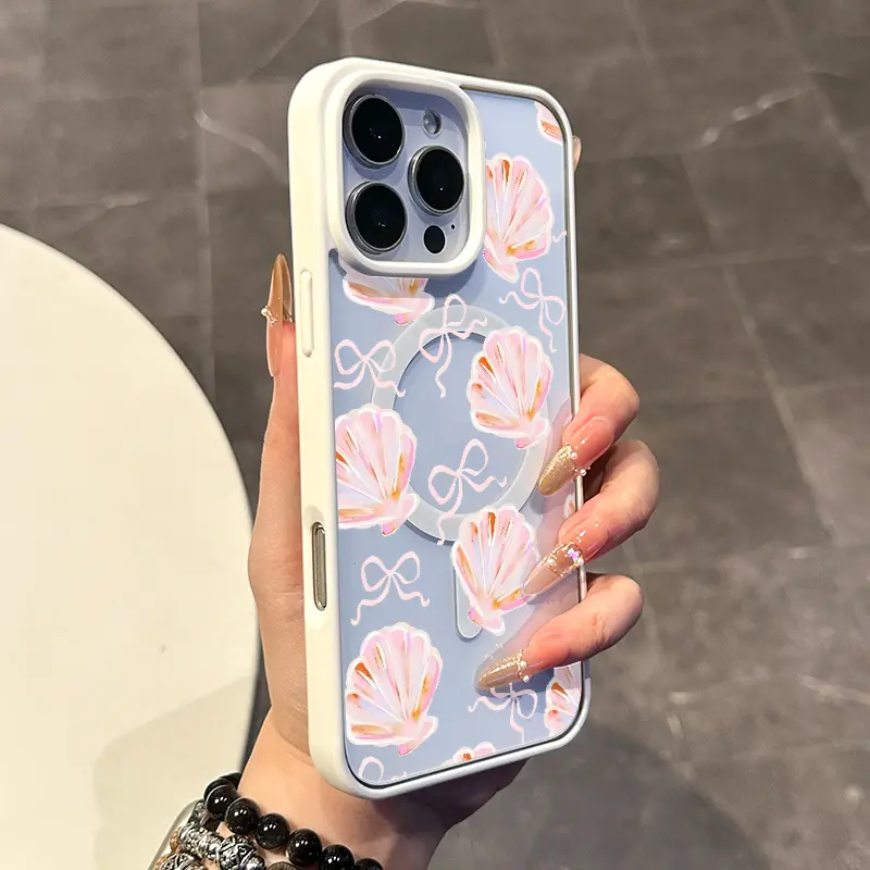 Chic Magnetic Case for iPhone11/12/13/14/15/16/promax Pink shell bow MagSafe Ready, Anti-Slip, Ultra Thin | Aesthetic Touch for Daily Use