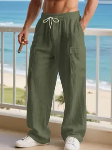 Men's Casual Linen Classic Cargo Pants, Spring & Fall Multi-Pocket Design, Breathable Straight Leg with Drawstring Waist, Perfect for Beach & Daily Wear