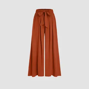 Cider [3 colors, size 2-26] Linen-blend High Rise Bowknot Shirred Wide Leg Trousers
