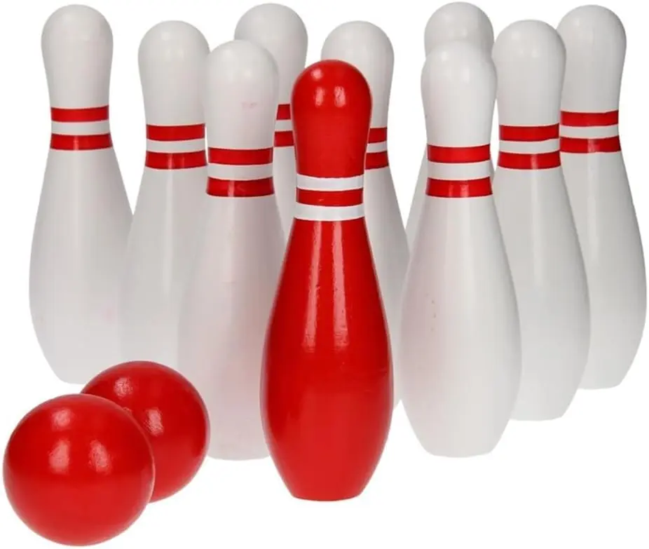 BS Toys Wooden Bowling - Skittles for Children & Adults - For Indoor & Outdoor - Board games - Ideal For Children from 3 years - High-Quality Birch - Blue, Pink and Yellow Set