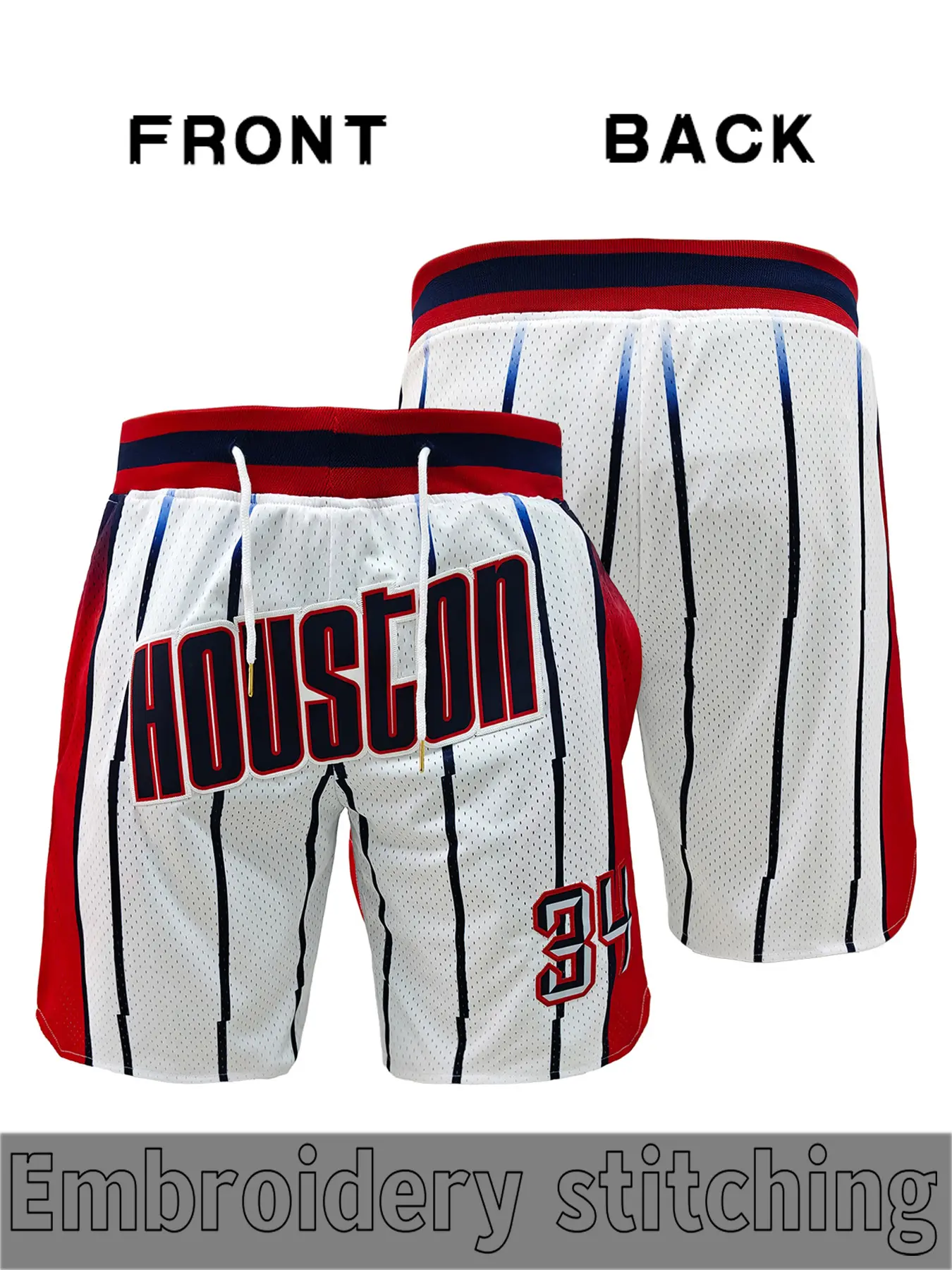 Men's 34 striped Retro basketball shorts, Houston letter embroidery, mesh breathable drawstring design sports pants, suitable for basketball training and games, daily leisure, Summer Basketball Wear