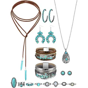 15PCS Bohemian Jewelry Set with Turquoise Necklace, Dangle Earrings, Stackable Bangle Bracelets, Knuckle Rings for Women Vintage Western Boho Turquoise Anniversary Birthday Friendship Gift