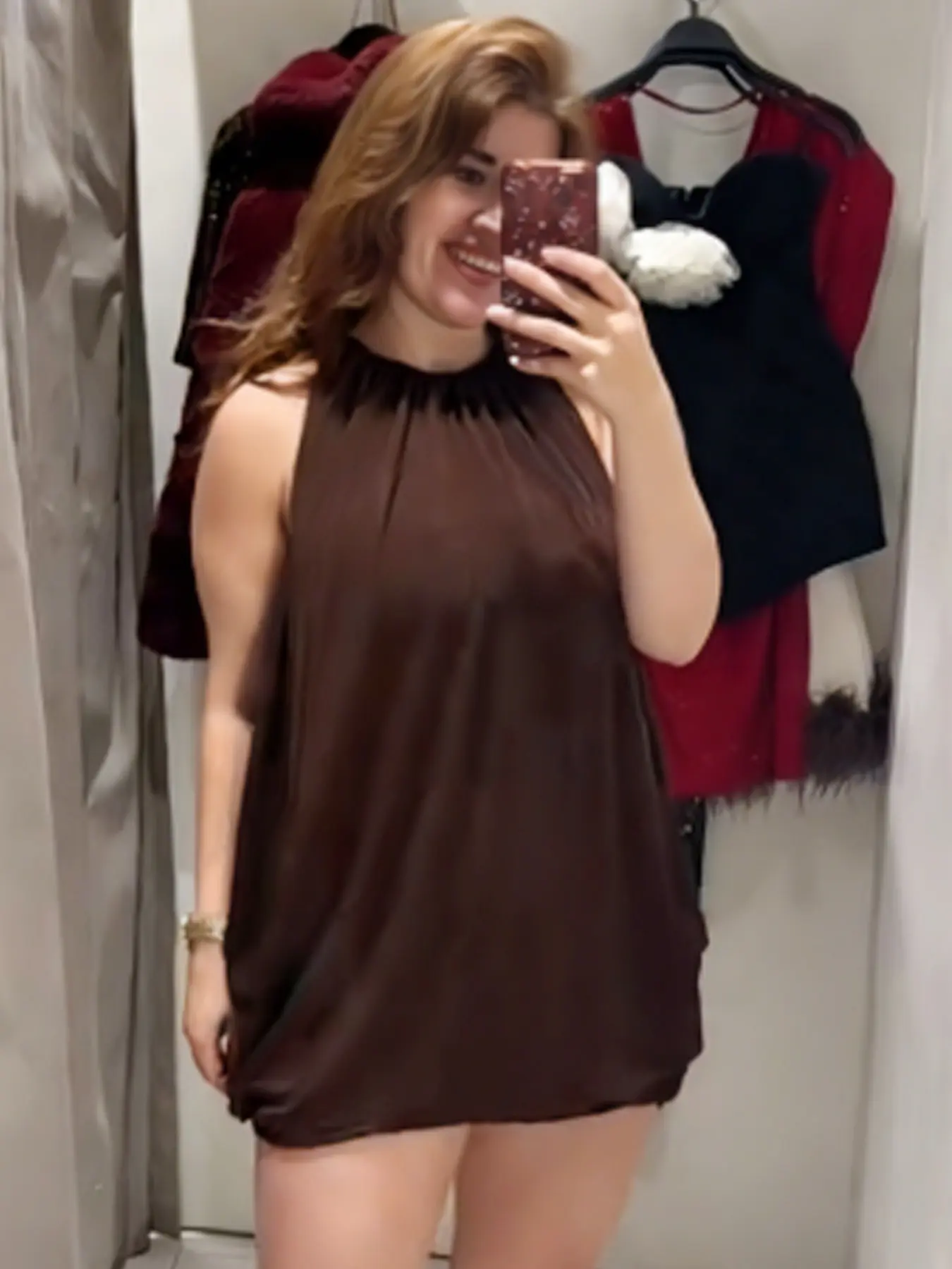 Halter Neck Balloon Dress Womens Dresses Spring Summer 2026 Casual Wear Elegant Brown Ruched Cutout Short Dresses With Sequin Inner Fashion Mini Sleeveless High Street Vestidos