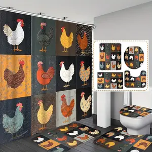 Creative Chicken Grid Print Shower Curtain Set, Includes 12 Hooks, Non-Slip Mat, U-Shaped Floor Mat, Toilet Seat Cover, Home Bathroom Decoration