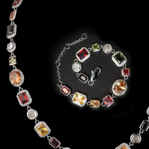 Colorful Rhinestone Decorated Necklace & Bracelet, Street Trendy Adjustable Copper Jewelry Set, Hip Hop Jewelry for Party, Daily Decor, Exquisite Jewelry for Gift, Fashionable Jewelry Set, Jewellery Gift Set