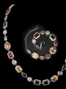 colorful rhinestone decorated necklace & bracelet, street trendy adjustable jewelry set, hip hop jewelry for party, daily decor, exquisite jewelry for gift