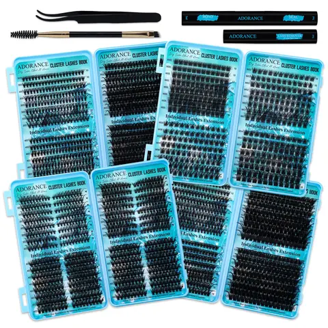 ADORANCE D-Curl Cosmetic Lash Cluster Kit, Wispy Mega Volume Eyelash Extensions Assortment (384/576/608/640PCS, 10-16mm/14-20mm) with 4 Styles per Tray, Bond & Seal, Remover, Tweezers, Brush for Beginner DIY Home Use