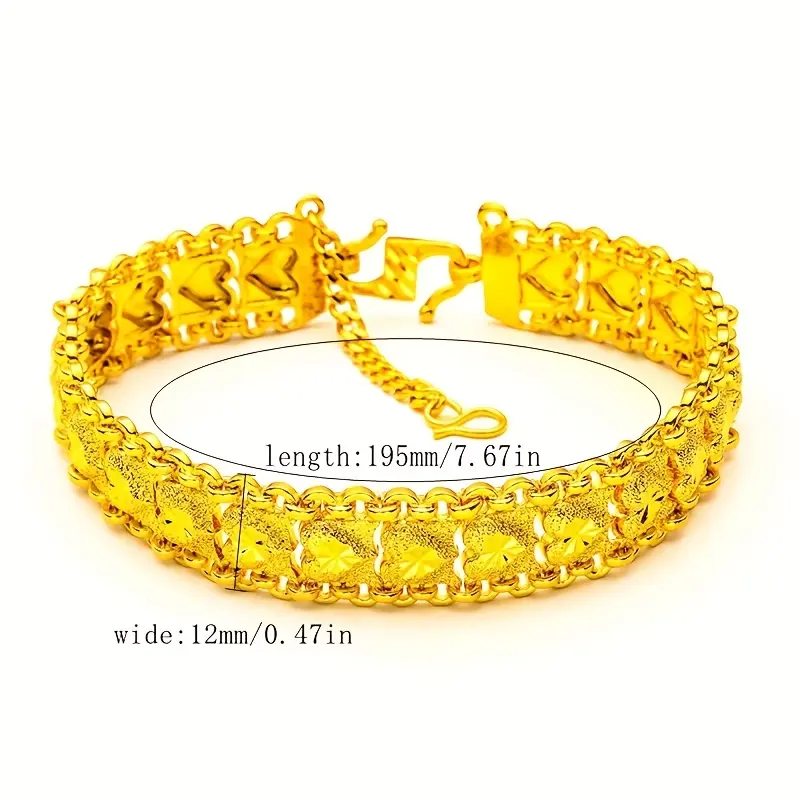 24K gold plated bracelet 12mm wide fashionable and delicate heart-shaped bracelet for women and girls, birthday mother's day jewelry gift for girlfriend wife
