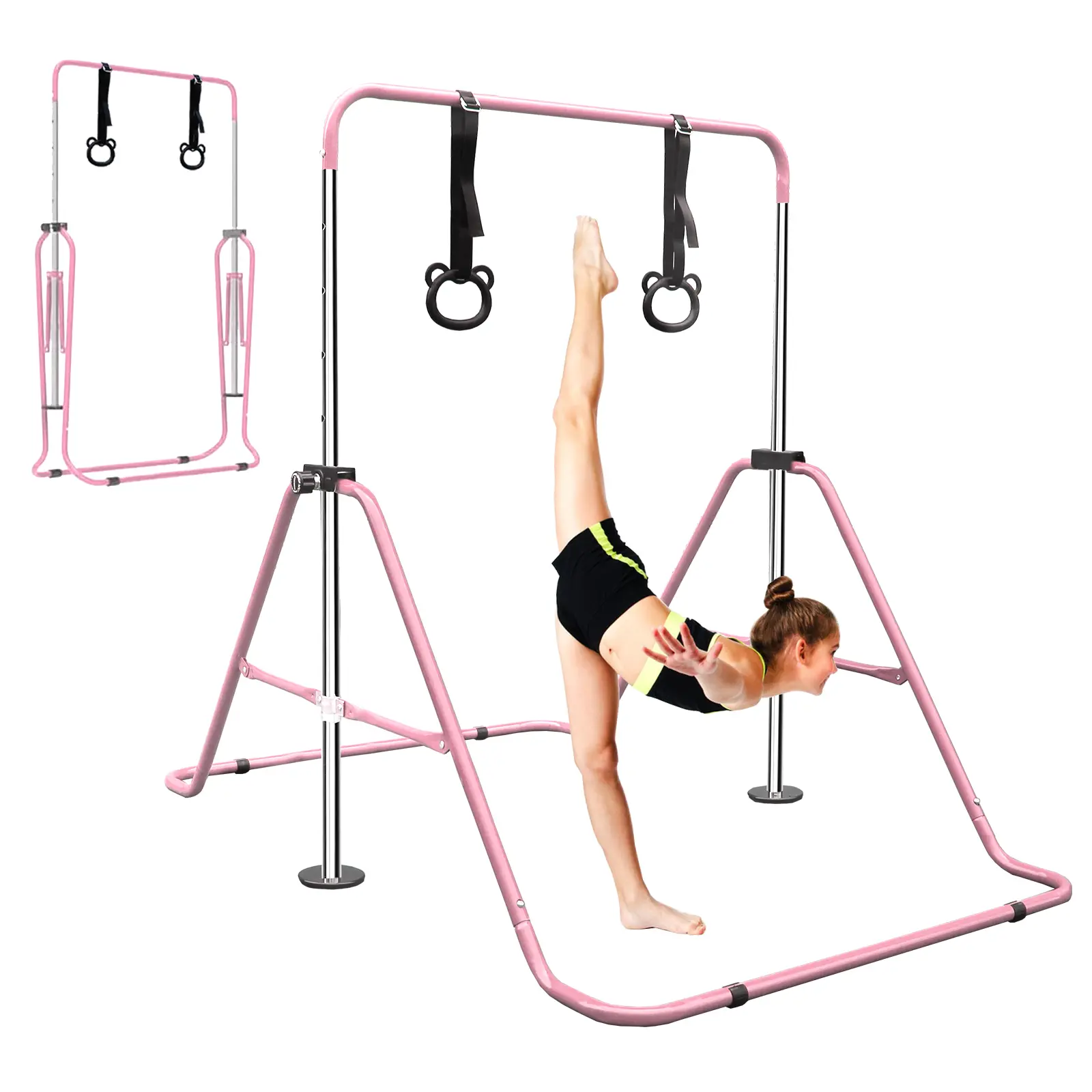Mersco Pink Unisex Kids’ Adjustable Gymnastics Bar with Animal Rings, Foldable Ergonomic Design, 34.8in-51in Anti-Rust Steel Frame, Rustresist Hinge, Better Grip, Supports Kids’ Growth, 110lbs Max Load Playground Equipment