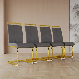 Modern Dining Chairs, PU Faux Leather High Back Upholstered Side Chair with C-shaped Tube. Plating Golden Metal Legs for Dining Room Kitchen Vanity Patio Club Guest Office Chair (Set of 4)