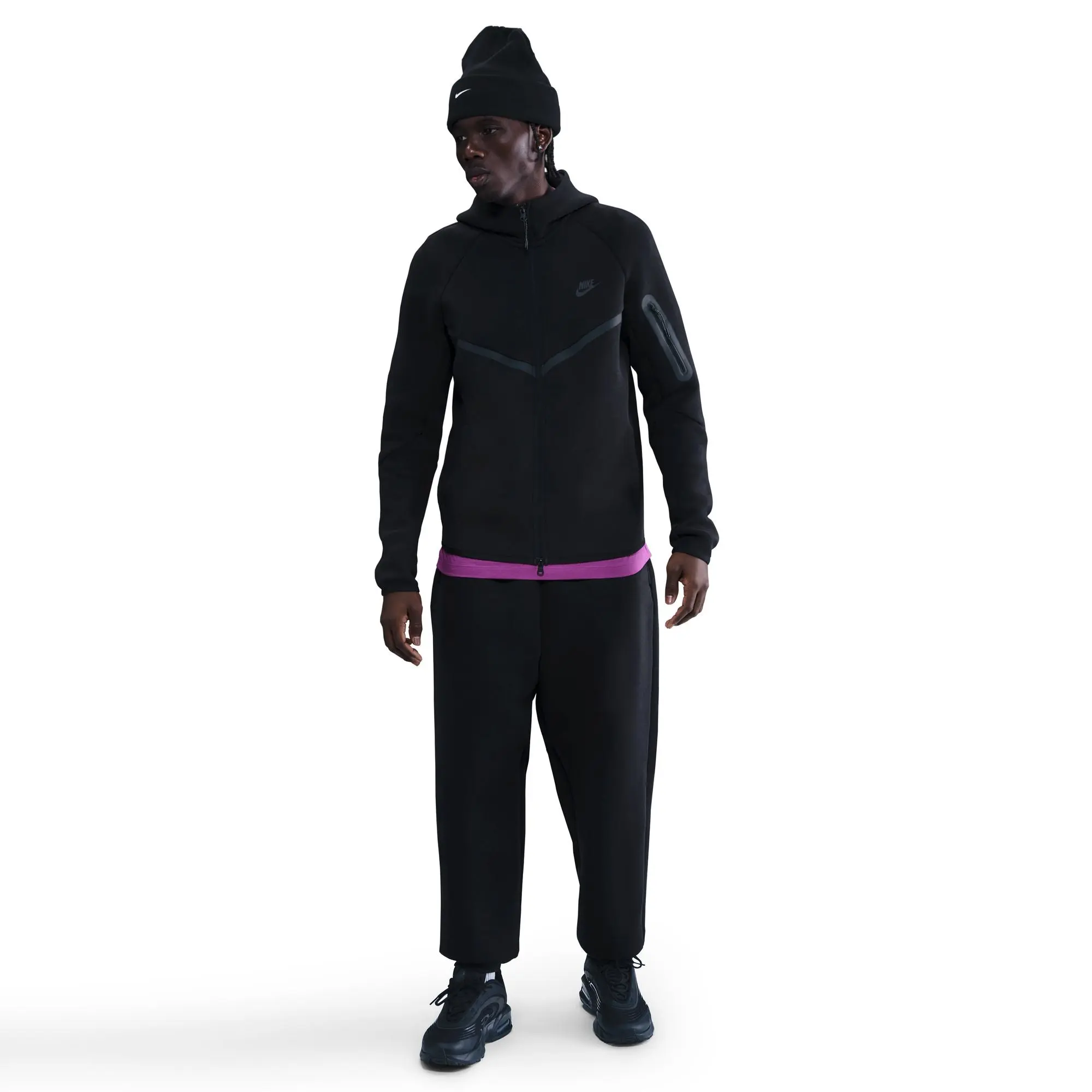 NIKE Men's Original Cotton Full-Zip Hoodies - Men's Hoodies, Long Sleeve, Lightweight Imported, Warm Fleece Core, Smooth Dual Fleece, Utility Pockets, Relaxed Cut, Taped Chevrons, Casual, Black/Black, Machine Wash, Hv0949-010