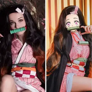Cosplay Kimetsu No Yaiba Stove Door Nezuko Cos Wig Gradient Color Long Curly Hair High-Temperature Fiber fake hair for role player