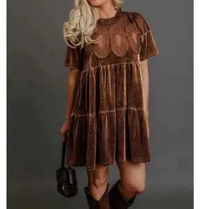 EncoLax Womens Velvet Lace A-Line Overall Casual Pleated Swing Babydoll Wedding Skirtall Scallop Neck Flared Mini Dress