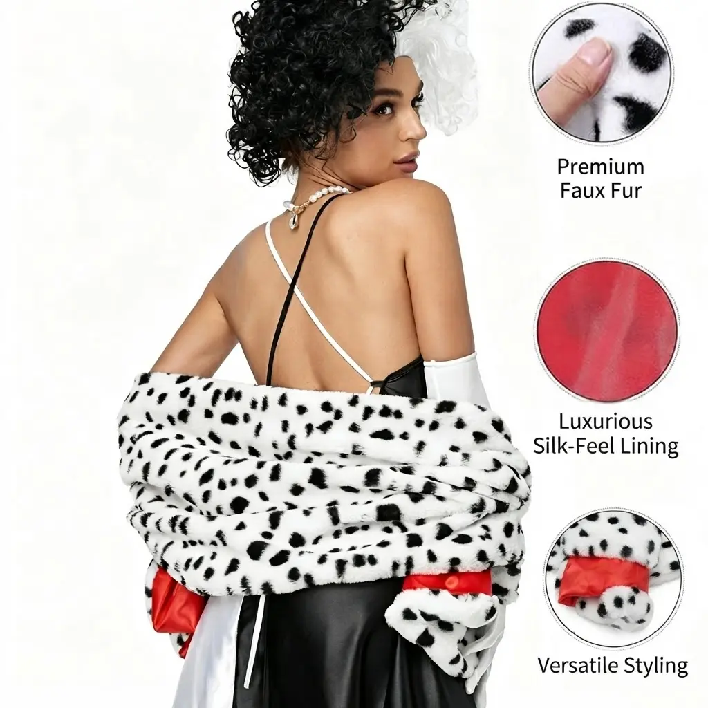 Women’s Black & White Dalmatian Animals Faux Fur Shawl - Glamorous Bold Character Engagement Commute Accessory, Halloween Costume Wrap, Elegant Party Scarf, 155 × 42 Cm