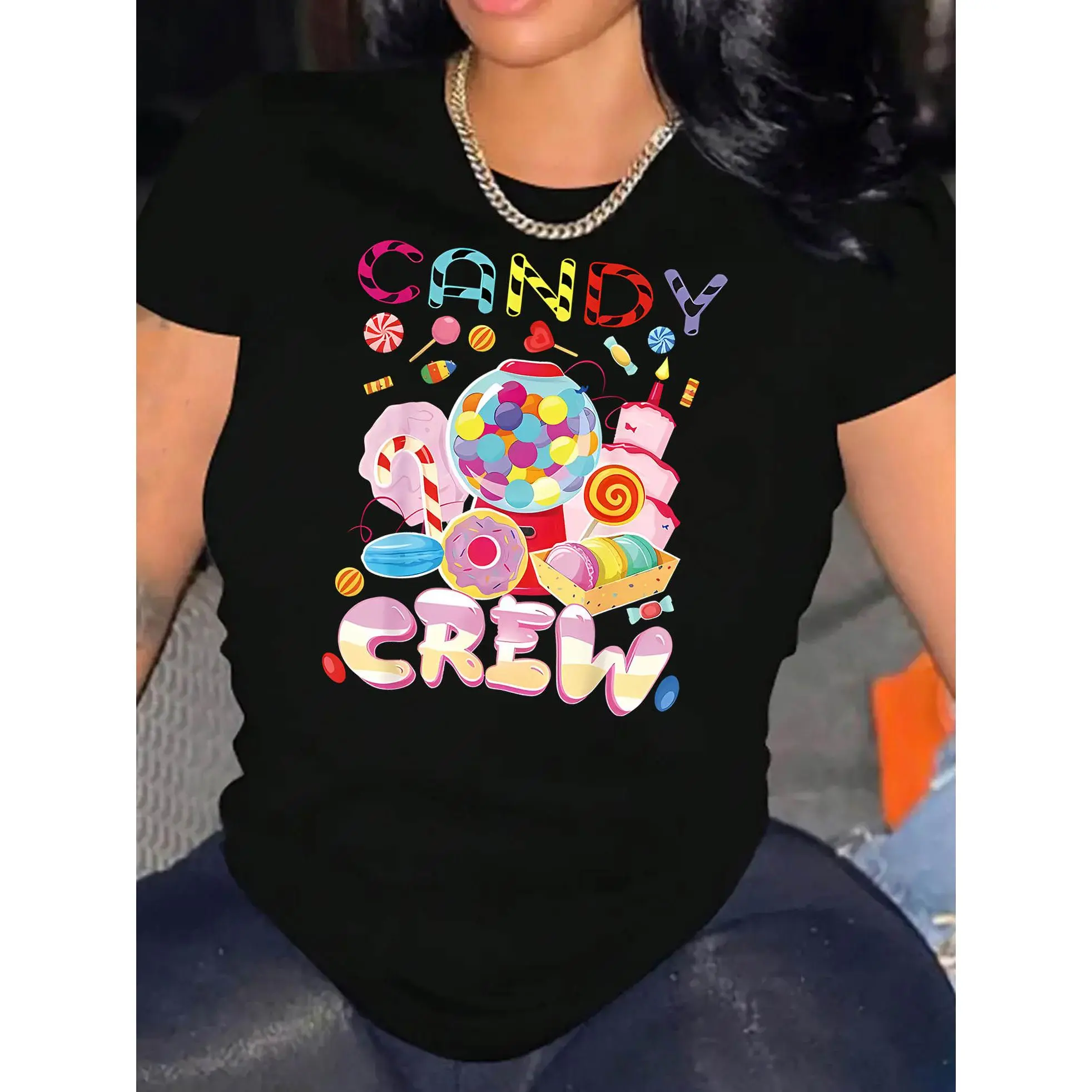 Women's Short-Sleeve T-Shirt with Colorful Candy & Sweets Print - English Lettering & Cane Patterns - Casual Round Neck Summer Blouse for Casual Attire, Machine Washable - Top (Non-)
