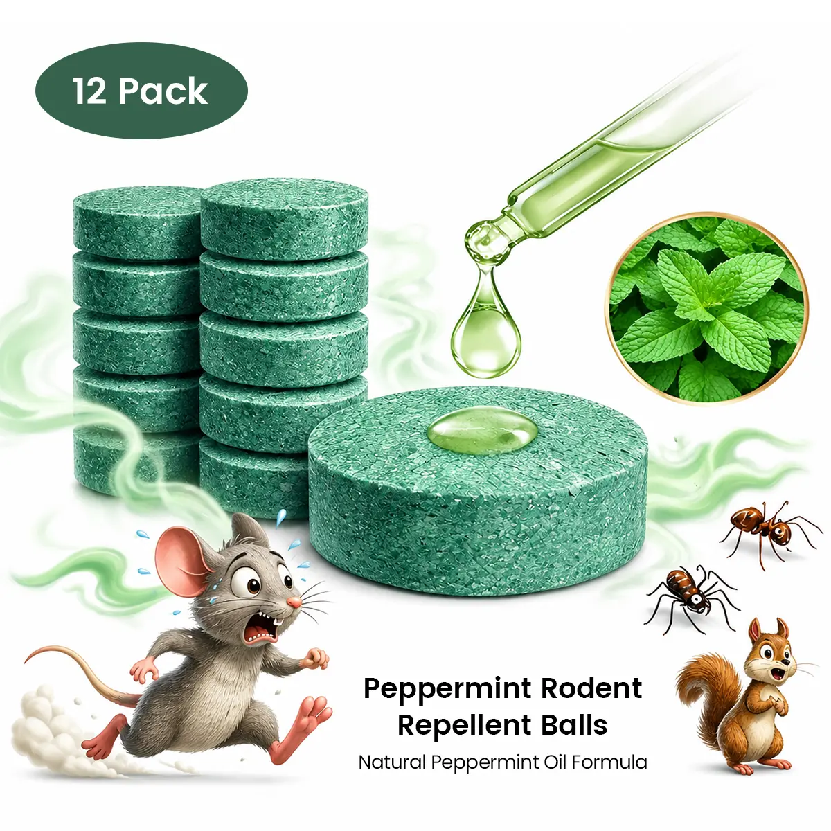 100% Natural Peppermint Oil Scent Rodent Repel Balls (12 Pieces) - Pesticide-Free, Pet-Friendly Pest Repellent, Indoor/Outdoor Home & Garage Rodent Deterrent, Natural Oil,dorm essentials,home essentials