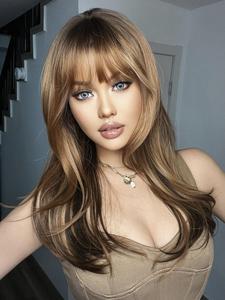 26 inch long straight ombre layered hair wigs,  natural gorgeous fluffy wigs with blunt bangs, synthetic hair wigs for party & daily hairstyle ideas