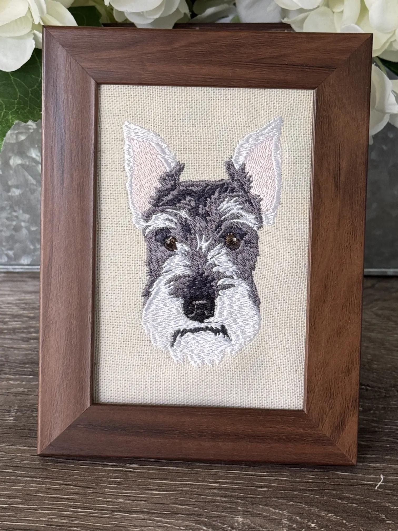 Small Miniature Schnauzer Machine-Embroidered Picture Frame - Decorative Indoor Tabletop Mount Home-Office Decor, Unique Canine Charm, Other Dog Breed & Design Options Available, Customizable, Indoors