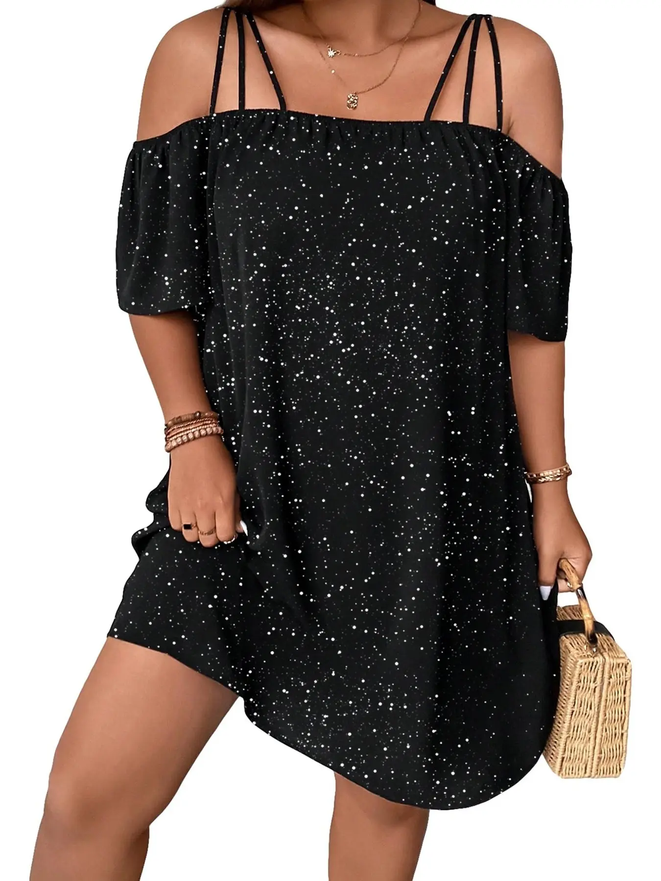 Plus Size Shimmering Off-Shoulder Halter Dress, Elegant Chic Evening Gown, Perfect for Parties & Special Occasions, Women's Fashion