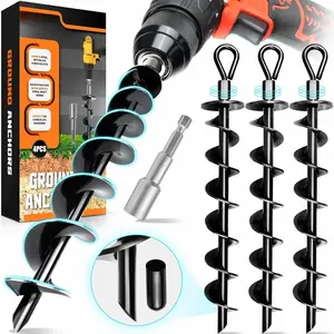 [] 4 Pack Ground Anchors with Power Nut Driver Drill Bit, Ground Anchors Screw in, Swing Set Anchors, Trampoline Anchors High Wind Heavy Duty for Camping Tents,  Ports, Swing Sets, Canopies