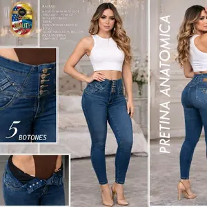 Total Denim 2368B Women's Jeans with 5 Buttons High-Waist Push-Up Effect 360° Waistband Faja Pretina Anatomica Blue Green Tones Floral Embroidered Bag Bottom Fit