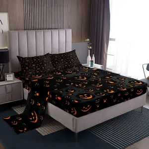 3D Pumpkin Bed Set Cute Halloween Decorative Bed Sheets,Orange Black Sheet Set Cartoon Festival Decor Sheets with Pillowcases Bedding