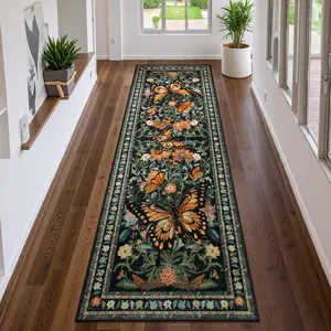 Vintage Farmhouse Butterfly King Butterfly Floral Leaf Long Rug, High-End Luxurious Art Design, Non-Slip Carpet, Vintage Boho Rug
