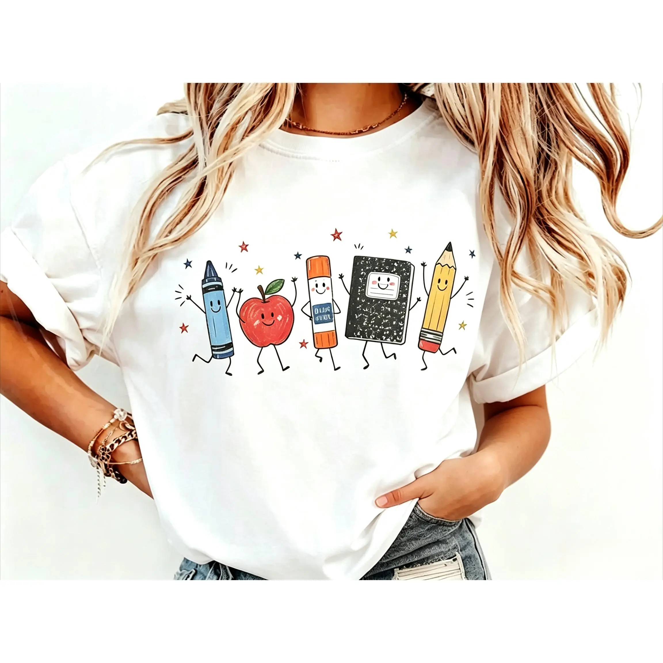 Back-to-school shirts 100% pure cotton Cute School Supplies Comfortable shirt Graphic Tee, Aesthetic Back To School Spirit Shirt, Radiant Teacher Crayon Apple Pencil Notebook Top, Thoughtful Classroom Sublimation Gift Boutique Heritage Apparel summerwins
