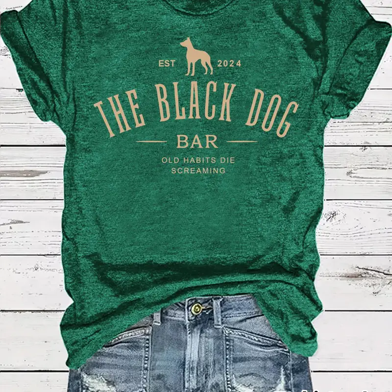 Women's Letter & Dog Print Round Neck Tee, Casual Short Sleeve Crew Neck T-shirt for Summer, Fashion Women's Top for Daily Wear