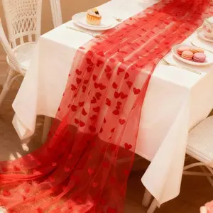 Heart Mesh Table Runner, Romantic Heart Design Wedding Table Decor, Transparent Heart Pattern Party Table Flag