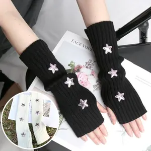 Women Star Decoration Knitted Fingerless Gloves Arm Sleeves Gothic Style Long Arm Warmers Girl Harajuku Y2K Fashion Wrist Gloves