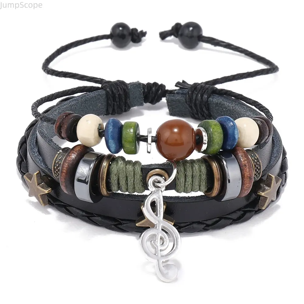 Vintage Multilayer Leather Bracelet, Boho Music Note Charm Wrap Bracelet for Men Women Star & Treble Clef Charm Punk Bracelet for Men