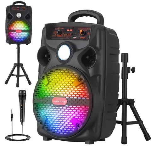 DAZONE 8" Woofer Bluetooth PA Speaker with Stand, LED Lights, Rechargeable Battery, Remote Control, Microphone, 3.5mm AUX Cable, SD, TF, FM, USB & Wireless Connection