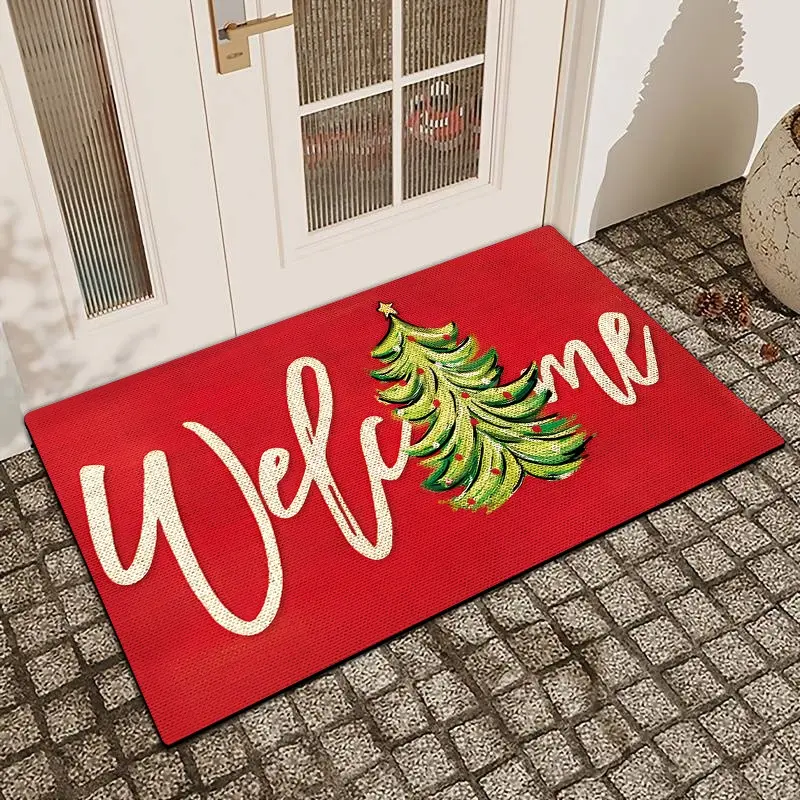 1Pc Red Background Christmas Tree Silica Mud Anti-Slip Water-Absorbing Entry Door Mat For Indoor And Outdoor Use Kitchen  Dining Room Bathroom Bedroom And Holiday Home Decor