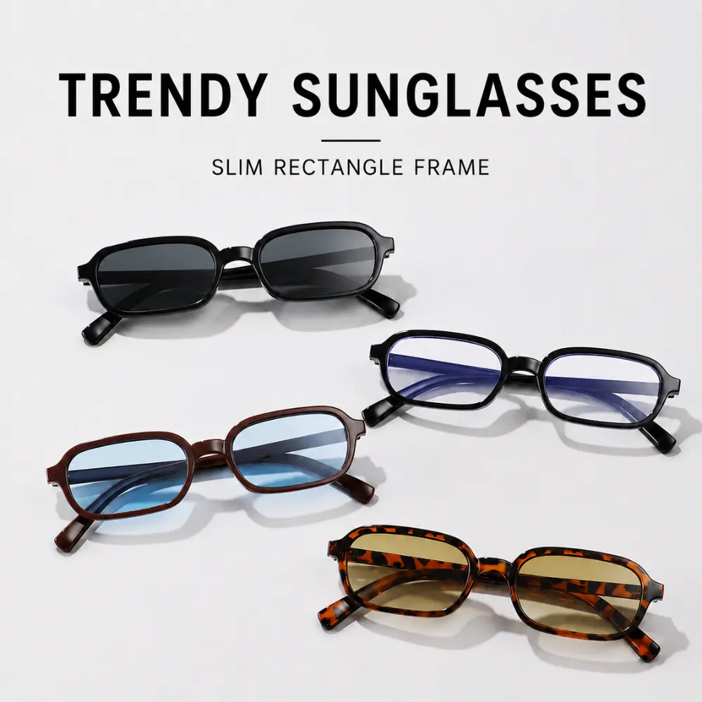 Trendy Slim Rectangle Sunglasses for Women & Men, Lightweight Retro Fashion Glasses, UV400 HD Vision Shades, Small Frame Street Style Eyewear, Black Grey Brown Blue Leopard Tea Lens Glasses
