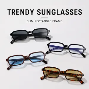 Trendy Slim Rectangle Sunglasses for Women & Men, Lightweight Retro Fashion Glasses, UV400 HD Vision Shades, Small Frame Street Style Eyewear, Black Grey Brown Blue Leopard Tea Lens Glasses