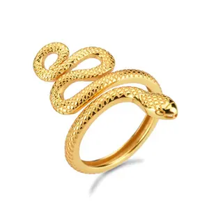 Gold-Plated Vintage Textured Coiled Snake Open Ring, Adjustable Multi-Wrap Gothic Punk Statement Couple Finger Jewelry for Wholesale
