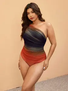 LAMIKA Plus Size Women Ombre Ruched One-Piece Swimsuit, Fashionable Vacation