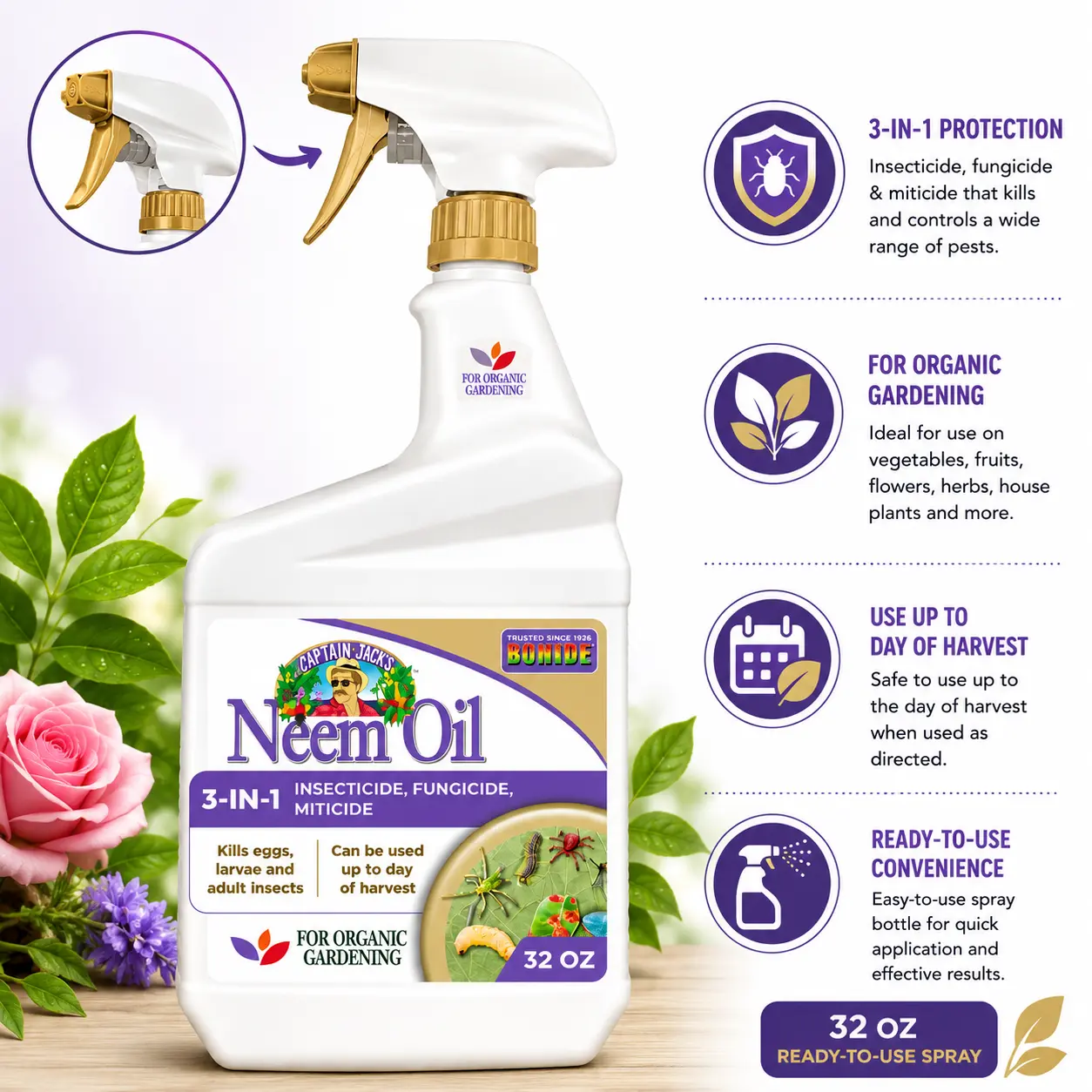 Bonide Captain Jack's Organic Neem Seed Oil 32oz Ready-to-Use Non-Toxic Multi-Purpose Bug Spray - Effective Fungicide, Miticide for Organic Gardening Vegetables & Home Pest Control