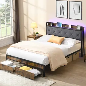 King Size Bed Frame with 2 Storage Headboard, USB Charging Station and LED Lights, Heavy Duty Metal King Platform Bed Frame for Bedroom , No Box Spring Needed (Brown+Gray Bed Frame, King)