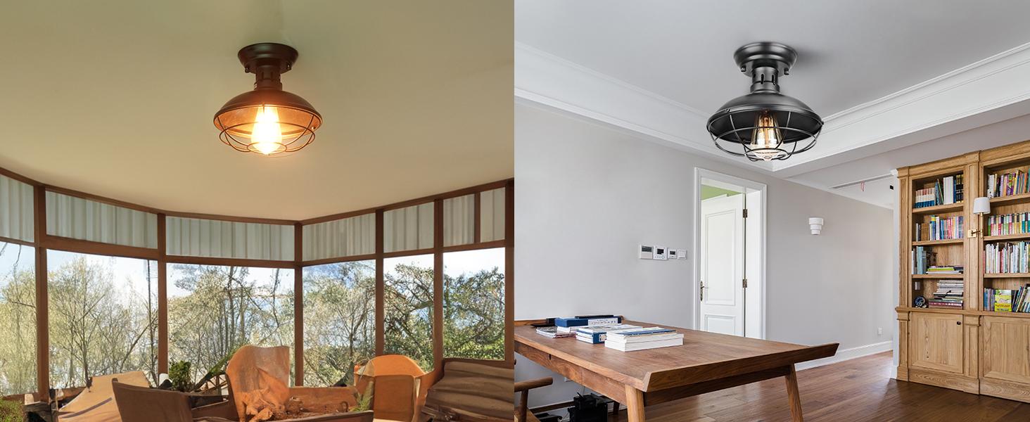 FRIDEKO HOME Farmhouse Flush Mount Ceiling Light Industrial Close to Ceiling Lighting Fixtures, Rustic Vintage Metal Black Ceiling Lamp for Kitchen Island Bedroom Hallway Farmhouse