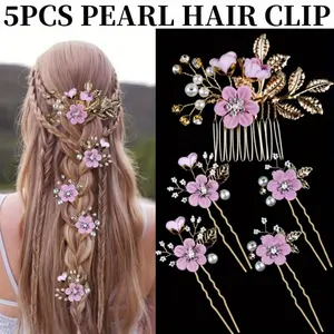 5 PCS Bridal Flower Wedding Hair Pins Crystal Pearl Hair Clips Headpiece Gold Wedding Hair Accessories Jewelry with Rhinestone for Brides Bridesmaids Women Girls Updo, Romantic Lilac Purple tiktok  shop  products face mask full face mask gift halloween