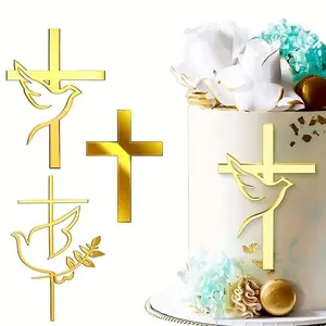 3-Piece Acrylic Cake Decorations Dove Cross for Baptism, First Communion, Baby Party, Birthday, Christian Party, DIY Cupcake Supplies