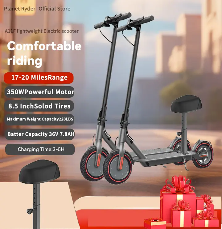 Electric Scooter with seat, Long-Range Portable Commuting Scooter for Adults with Braking System and App , Lightweight ,350W Motor, Top Speed 19/20 mph, Max 18/20Miles Ranges, Foldable E Scooter for Adults with 8.5inch Solider tire.