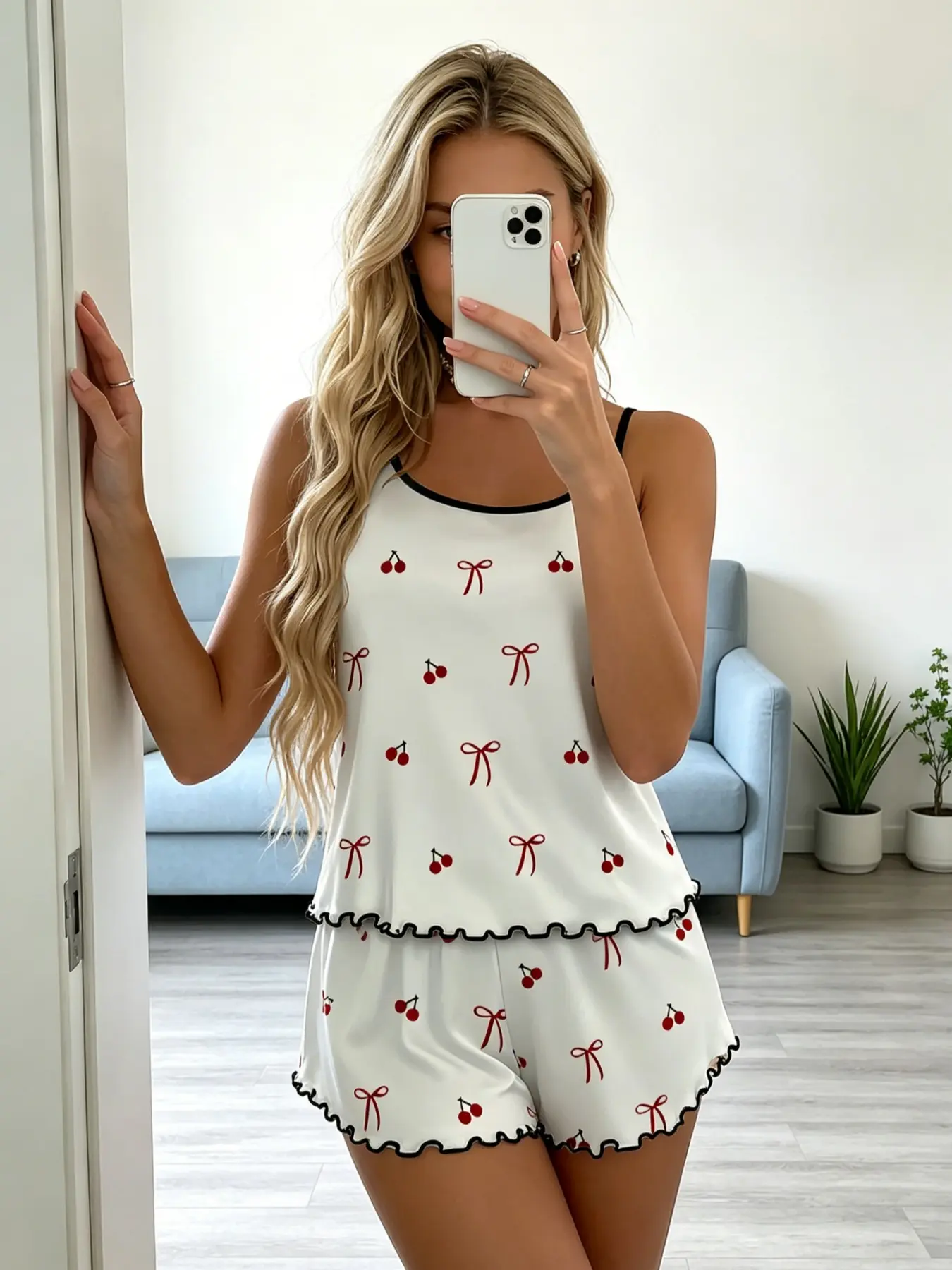 Women's Cherry & Bow Print Pajama Set - White Cami Top & Shorts Loungewear, Ultra Soft Breathable Sleepwear, Cute Fruit & Ribbon Graphic Nightwear, Comfy Two-Piece Home Outfit, Lightweight Fabric