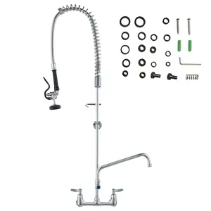 Commercial Pre-Rinse Faucet with Sprayer, 47 Inch Height, Wall Mount Kitchen Sink Faucet, 8 Inch Center, 12 Inch Swing Spout, Brass Construction, High Pressure Pull Down Spray, Hot Cold Dual Handle, for 1 2 3 Compartment Sink, Brushed Nickel