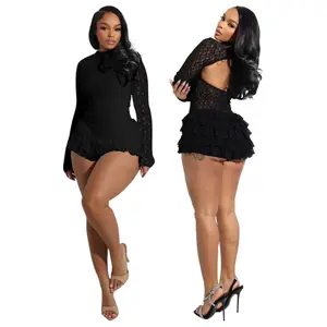 Autumn Winter Clothing Women o-neck Long Sleeve Backless Lace Ruffles Club Party Rompers Fashion Sexy Birthday Overalls
